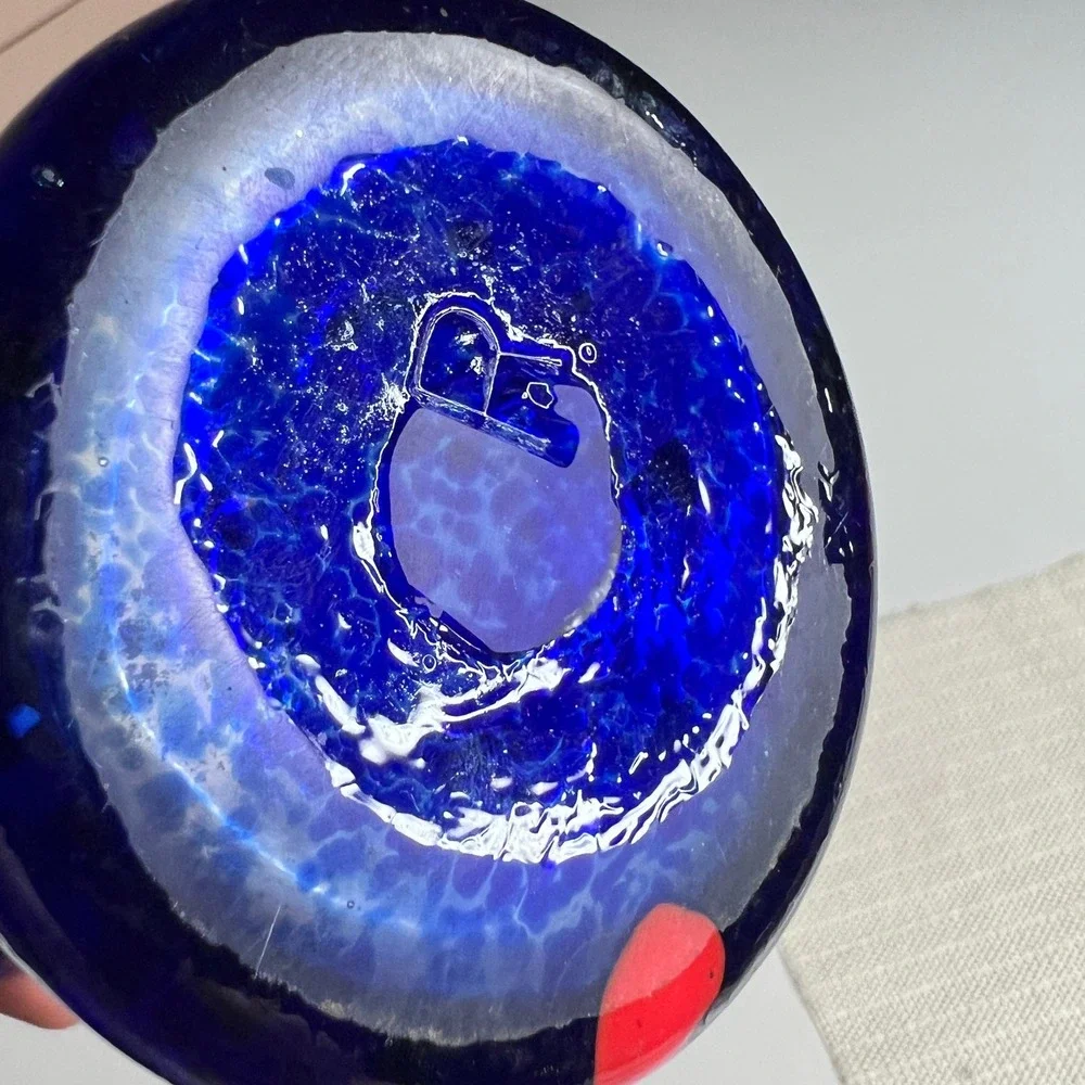 Hand Blown Cobalt Blue Confetti Glass Vase Ruffled Handkerchief Rim‎ 5.5 Inch